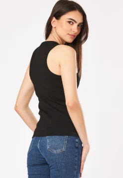 Damen Hugo Blue Slim-Fit Top aus Stretch-Baumwolle mit blauem Logo-Aufnäher