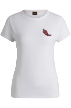 Damen Boss Orange Tailliertes T-Shirt aus Baumwolle mit kristallbesetzter Chili-Schote