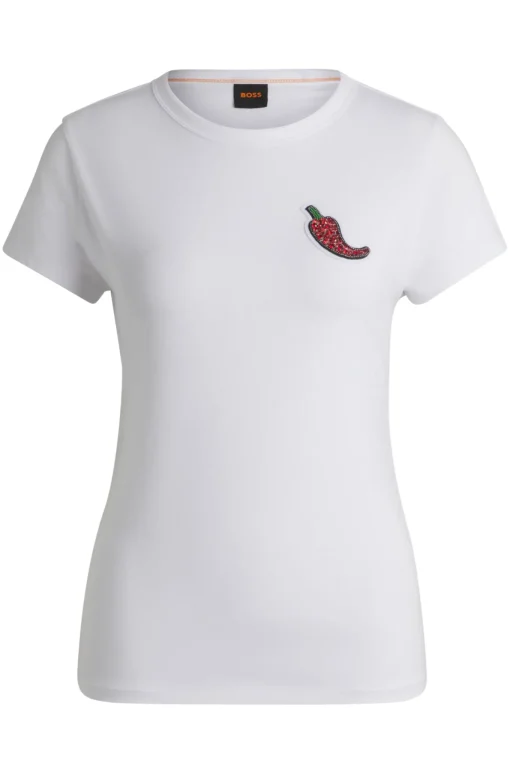Damen Boss Orange Tailliertes T-Shirt aus Baumwolle mit kristallbesetzter Chili-Schote