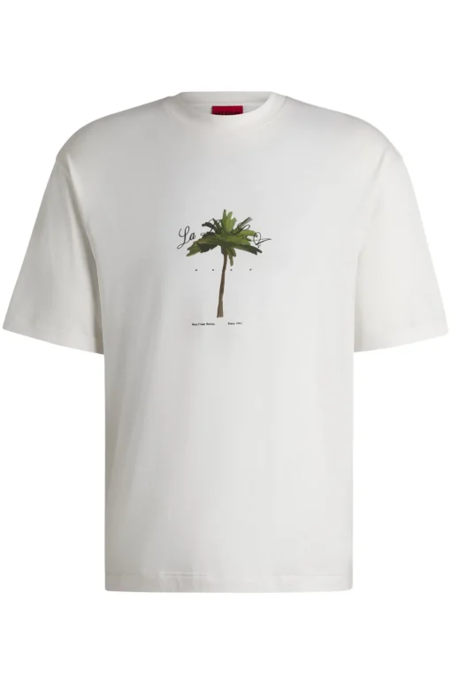 Herren Hugo Red T-Shirt aus Baumwoll-Jersey mit Palmen-Print