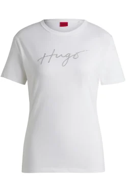 Damen Hugo Red T-Shirt aus reiner Baumwolle mit Rundhalsausschnitt und saisonalem Print