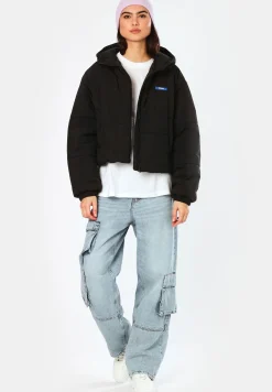 Damen Hugo Blue Wasserabweisende, wattierte Jacke mit blauem Logo-Label