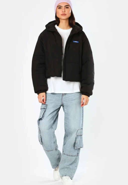 Damen Hugo Blue Wasserabweisende, wattierte Jacke mit blauem Logo-Label
